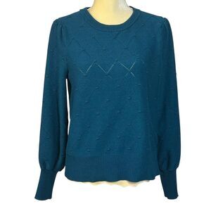 Liz Claiborne Women's Teal Blue Diamond Knit Sweater Puff Sleeve Size Large